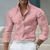 billiga Geometriska mönster-Herr Geometrisk Randig Skjorta Knapp upp skjorta Avslappnad klänningskjorta Långärmad Mode Casual Utomhus Vardag Vår Höst Nedvikt 3D-utskrift krage skjortor Blå Rodnande Rosa Purpur Grön Kaki