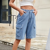 abordables Pantalones cortos bermudas-Mujer Bermudas Pantalón Corto Cargo Chinos Vacaciones Ropa de calle Casual Longitud de la rodilla Media cintura Color sólido Bolsillo Confortable Rígido Diario Exterior Vacaciones Azul Piscina Ocre
