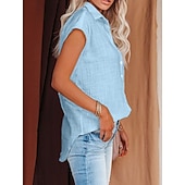 cheap Plain Blouses-Women's Blouse Cotton Shirt Buttons Solid Color Vintage Daily Stylish Short Sleeve Shirt Collar Regular Tops Daily Blue Black White Pink Wine Summer Spring