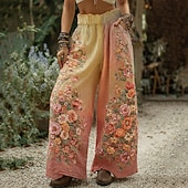voordelige Grafische Broek-Dames Breed Been Broeken Palazzo-broek Vintage Boho Volledige lengte Hoge taille Bloem Elastische taille Opdrukken Ademend Comfortabel Straat Alledaagse kleding Uitgaan Licht Paars Oranje Groen Beige
