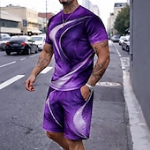 cheap Men's Printed Tees sets-Men's Geometic Line 2pcs Tees sets Summer Tops Short Sleeve Short Pants Crew Neck Casual Trendy Daily Vacation 3D Print Summer Blue Purple Green