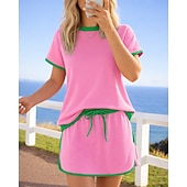 cheap Tracksuits-Women's Tracksuit Pullover Sweatshirt Track Shorts Drawstring 2 Piece Color Block Athletic Clothing Set Summer Spring Black Pink Gym Workout Jogging Running Moisture Wicking Breathable Short Sleeve
