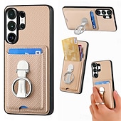abordables 2026 Samsung Galaxy S26 Série-téléphone Coque Pour Samsung Galaxy S26 S26 Plus S26 Ultra Coque Arrière avec Support Support Anneau Emplacement Carte Rétro TPU Fibre faux cuir