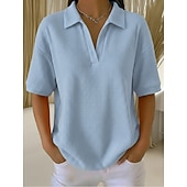  Damskie Podkoszulek Koszulki polo Koszulki Swetry w wafelkowatej dzianinie Równina Moda Elegancki Podstawowy Krótki rękaw Kołnierzyk koszuli Zwykłe topy Codzienny Wyjściowe Weekend Niebieski Czarny