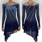 abordables Vestidos de Patinaje Artístico-Vestido de patinaje artístico Chica Patinaje Sobre Hielo Vestidos Azul marinero Retazos Costura asimétrica Elástico Entrenamiento Competición Ropa de Patinaje Clásico Cristal / Strass Manga Larga