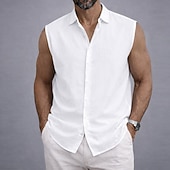 abordables Classique-Homme Chemise Chemise en lin Chemise d'été Tenue de plage Chemise Boutonnée T-shirt sans manches Uni Occasionnel Quotidien Bleu Blanche Sans manches Col Rabattu Été Printemps Vêtement Tenue