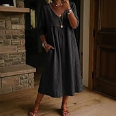 economico Abiti Falsi Essenziali-Abito Midi da Donna in 100% Cotone Abito a Finta Lino Abito all Aline Abito Estivo Vacanza Festa Casual Giornaliero Ufficio Spiaggia Vestibilità Larga Semplice Maniche Corte Collo a V Blu Chiaro Nero