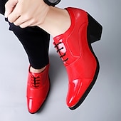 economico Scarpe Oxford-scarpe da uomo in similpelle con tacco alto rosse – finitura lucida classica, punta affilata, tacco medio robusto, scelta elegante per ufficio, feste, matrimoni ed eventi serali