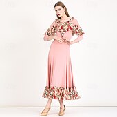 billiga Standard Ballrum-Tiodans Klänning Tryck Plisserat Tvinning Dam Fest Träning Prestanda Långärmad Elastan Polyester