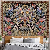 billige Veggoppheng-Livets tre folkekunst veggteppe bohemsk etnisk fugler og blomster natur landskap svart bakgrunn åndelig hjemdekor stue soverom bakgrunn innendørs veggmaleri