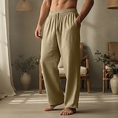 preiswerte Heim-Herren Leinenhosen Hose Sommerhose Kordelzug Elastischer Bund Gerader Schnitt Einfach Komfort Atmungsaktiv Volle Länge Lässig Täglich Ferien Urlaub Mode Schwarz Weiß Unelastisch