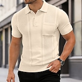 baratos Polo Clássico Masculino-Homens Top de malha canelada Textura Casual Trabalho Lapela gola pólo com nervuras Manga Curta Básico Moderno Côr Sólida Tecido Botões Tricotado Primavera Verão Verão Primavera Normal Azul Marron