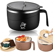 billige Kjøkkenoppbevaring-304 rustfritt stål nudelskål med lokk og håndtak, 1200 ml ramenskål med stor kapasitet, dobbeltvegget skåldingssikker suppeskål, bærbar matbeholder for studenthjem, kontor, hjemmebruk