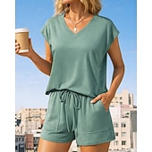 abordables Chándales-Mujer Conjuntos de chándal tipo jersey Chándal de 2 piezas Pantalones cortos deportivos Correa con bolsillo Color sólido Conjunto de ropa deportiva Verano Primavera Caqui Negro Entrenamiento de