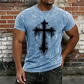 economico Magliette di fede-Maglietta Crusaders Bibbia Vintage Blu Acid Wash Gotico Croce T-Shirt Grafica Distressed Inky Splatter Tee Mineral Wash Grunge Streetwear Cotone Poliestere Top S-4XL