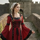 billiga Klänning-Medeltida kostymer Renässans Ankellång Klänningar Finkostym Huva Flamma Ärm Viking Alven Fyrkantig hals Maskeradkläder Dam Keltiskt fantasi Halloween Karnival Maskerad LARP Ren Faire Festival Vuxna