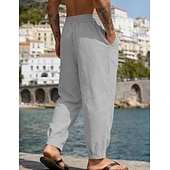 baratos Feriado-Homens Calças de linho Calça verão Calças de praia Com Cordão Bolsos Tecido Confortável Respirável Comprimento total Diário Casa Ao ar livre Férias Simples Preto Branco Sem Elasticidade