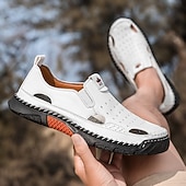 abordables Sandalias casuales-Mocasines casuales de verano de piel sintética para hombre: diseño recortado transpirable, suela flexible y ligera, cómodos para playa, resort, viajes y uso diario.