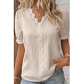  Pentru femei Tricou Tee Top Dantelă Peteci Simplu Modă Stilat Clasic Manșon scurt În V Topuri obișnuite Zilnic Ieșire Sfârșit de săptămână Negru Alb Galben Albastru celest Mov Vară Primăvară