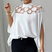preiswerte Einfache Blusen-Damen Hemd Sommerhemd Freizeithemd Bluse Patchwork Ausgehöhlt Netz Einfarbig Elegant Urlaub Mode Langarm Stehkragen Normale Oberteile Täglich Ferien Ausgehen Weiß Sommer Frühling Herbst