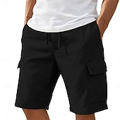 cheap Classic-Men's Cargo Shorts Linen Shorts Summer Shorts Beach Shorts Drawstring Elastic Waist Basic Plain Knee Length Outdoor Beach Vacation Hawaiian Blue Black Inelastic