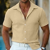 cheap Men's Button Up Shirts-Men's Shirt Waffle Shirt Texture Casual Shirt Button Up Shirt Blue Black White Pink khaki Short Sleeve Plain Lapel Casual Daily Clothing Apparel Fashion Modern Casual Comfortable