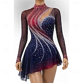 cheap Figure Skating Dresses-Figure Skating Dress Women's Ice Skating Dress Navy Patchwork Open Back Stretchy High Elasticity Training Competition Skating Wear Classic Crystal / Rhinestone Long Sleeve Ice Skating Figure Skating
