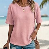 abordables T-shirt uni-T-shirt classique en maille gaufrée pour femme, couleur unie, moderne et décontracté, manches courtes, col rond, coupe droite, idéal pour le quotidien, les vacances, les sorties, noir, blanc, jaune, rose, bordeaux, été et printemps