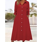 abordables Robe Simple-Femmes Robe Midi Robe Chemise Robe Décontractée Robe trapèze Robe en faux lin Mode Basique Moderne Quotidien Vacances Sortir Coupe régulière Uni manche longue Col de chemise Bleu Noir Vin Orange