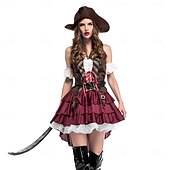 baratos Conjuntos-Conjunto Medieval Renascentista Vestidos Chapéus Cinto com acessórios Pirata Fantasia Mulheres Pirata Dia Das Bruxas Carnaval Baile de Máscaras feira renascentista Festa Temática Retro Adulto Vestido