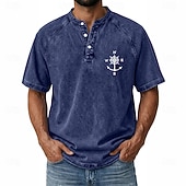 abordables Винтаж и ретро-SoftFade™ Men's Demin Shirt 100% Cotton Acid Wash Shirt Henley Top Short Sleeve Vintage Distressed Casual Home Street Summer Spring Black Pink Light Green Gray Light Blue Stand Collar Henley