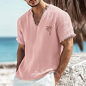 preiswerte Camisetas tropicales de vacaciones-Herren-T-Shirt mit kleinem Palmenprint aus Leinen-Baumwoll-Mischgewebe, V-Ausschnitt, offene Kanten, altrosa, sommerliches Strandurlaubs-Shirt mit Fransen, weiches Designer-Top, Größen S-3XL
