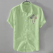  Pánské Lněná košile Košile pro volný čas Bavlněná lněná košile Košile na knoflíky Vzor Plážové Dovolená Černá Bílá Světle zelená Světlá růžová Krátký rukáv Klopa Léto Oblečení S přezkou