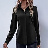 baratos Blusas Simples-Mulheres Camisa Social Blusa de cetim Saia camisa de botão Côr Sólida Tecido Elegante Moda Casual Manga Longa Aberto para a Lateral Tops regulares Diário Escritório Trabalho Preto Rosa Vermelho Roxo