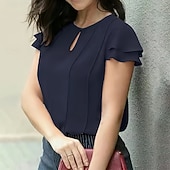 Недорогие Простые блузки-Жен. Рубашка Блуза Пэчворк Пуговицы Сплошной цвет Элегантный стиль Мода Повседневные С короткими рукавами Вырез под горло Обычные топы Уличная одежда Офис