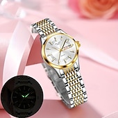 voordelige Quartz-horloges-Luxe dameshorloge, tweekleurige goud-zilveren roestvrijstalen band, lichtgevende wijzers met datum- en dagweergave, elegante zwarte wijzerplaat met diamanten accenten, een stijlvol polshorloge voor
