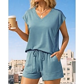 abordables Chándales-Mujer Conjuntos de chándal tipo jersey Chándal de 2 piezas Pantalones cortos deportivos Correa con bolsillo Color sólido Conjunto de ropa deportiva Verano Primavera Caqui Negro Entrenamiento de