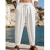 baratos Feriado-Homens Calças de linho Calça verão Calças de praia Com Cordão Bolsos Tecido Confortável Respirável Comprimento total Diário Casa Ao ar livre Férias Simples Preto Branco Sem Elasticidade