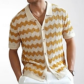 economico camicia da uomo con bottoni-Per uomo Camicia casual Camicia con Bottoni Camicia Jacquard Giallo Blu Marrone Manica Corta Semplice Colletto a Camicia Casuale Quotidiano Traforato Abbigliamento Moda Casual