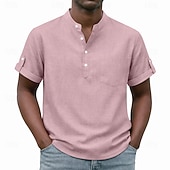 cheap Men's Popover Shirts-Men's Shirt Popover Shirt Casual Shirt Button Up Shirt Light Pink Black Yellow Light Green Pink Short Sleeve Plain Grandad Collar Casual Daily Clothing Apparel Elegant Fashion Casual
