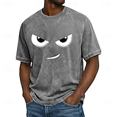 preiswerte 3D-T-Shirts-Herren-T-Shirt mit wütendem Grinsen, grimmigen Cartoon-Augen, Acid-Wash-Look, Vintage-Streetwear-Design, Kurzarm, Rundhalsausschnitt, lässige Alltagskleidung, Designer-Bekleidung, Größen: S, M, L, XL,