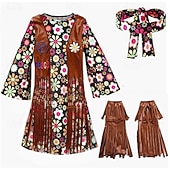 preiswerte Outfits-Set Retro Vintage 1970er Kleid Kopfschmuck Zubehör langarm Hippie Disco Fransen Blumen Kostüm Damen Halloween Karneval Musikfestival Retro-Mottoparty Erwachsene Kleid Kopfschmuck Weitere Accessoires