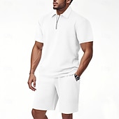 billige Basic Tees-sett for menn-Herre Polo T-skjorte drakter Joggedress Shorts og T-skjorte sett Kortermet Kort Erme Aftæpning Sommer Fargeblokk Gymnastik Fritid Jacquard Glidelås 2 deler Avslappet Feriereise Dagligdagstøy Svart