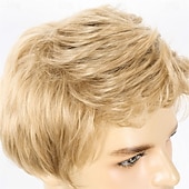 economico Parrucche uomo-Parrucca bionda da uomo, corta, liscia, in capelli sintetici biondi, per uso quotidiano, costume anime, Halloween, cosplay e feste (adatta a circonferenze della testa di 21-22,5 pollici).