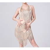 Недорогие Платья для практики-красное платье для сальсы с V-образным вырезом и бахромой