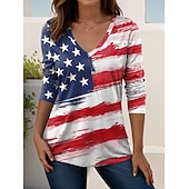  Ημέρα Αμερικανικής Ανεξαρτησίας Γυναικεία Μπλουζάκι Στάμπα Γραφική Αμερικάνικη σημαία Βίντατζ Στυλάτο Κλασσικό Μακρυμάνικο Λαιμόκοψη V Μακριές μπλούζες Καθημερινά Σαββατοκύριακο