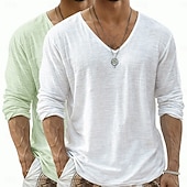  Camiseta de lino para hombre, 2 piezas, manga larga, cuello en V, verano, primavera &Conjunto de 2 piezas liso para verano, color liso, para uso diario, estilo urbano, informal, para exteriores, color