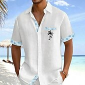preiswerte Tropische Pflanzen-Herren Kokospalme Tropische Pflanzen Blumen Hemd Hawaiihemden Alohahemd Kurzarm Hawaiianisch Urlaub Ferien Sommer Umlegekragen 3D-Druck Eine Tasche vorne Leinenähnliches Hemd Blau Gelb Rosa Grün