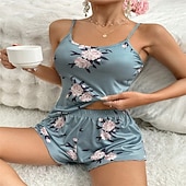 cheap Women's Nightgowns &amp; Sleepshirts-Women's Loungewear Pajama Set Fashion Simple Casual Floral Patchwork Elastic Waist Shorts Home Vacation Sleeveless Straps Lake blue Summer Spring Regular Fit