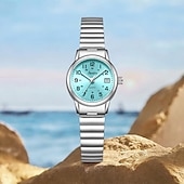 abordables Montres à quartz-Montre femme facile à lire, à quartz, avec bracelet extensible en acier inoxydable, cadran bleu turquoise avec affichage de la date, étanche, élégante et décontractée, idéale comme cadeau pour femme